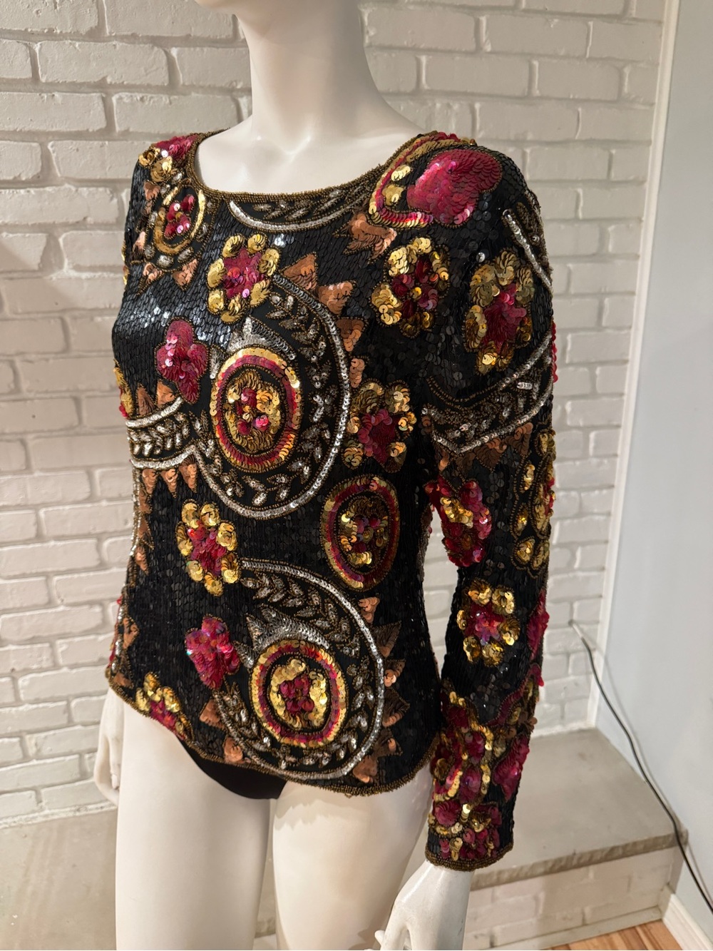 SCALA Silk Beaded Sequin Art Deco Top Black Gold Burgundy Est. SMALL/MEDIUM - Picture 5 of 15